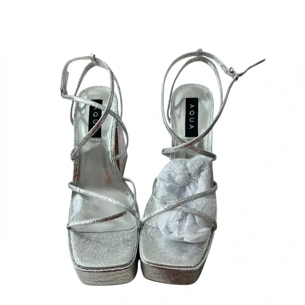 NWOB Aqua Women’s Chanc Strappy Silver Platform Heels